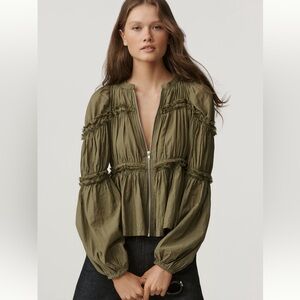 Anthropologie Moss-Green Long-Sleeve Puffy Zip-Front Blouse